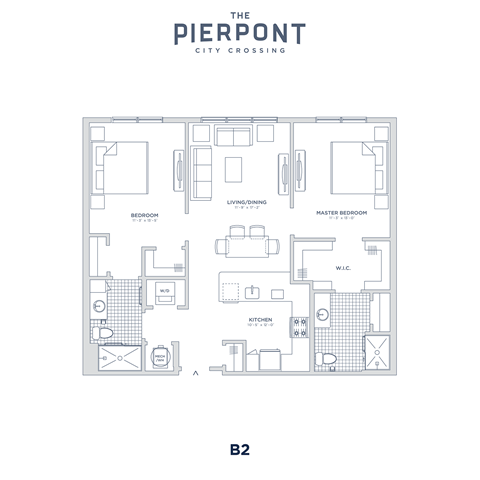 Floor plan for 2 beds, 2 baths, 1077 sqft